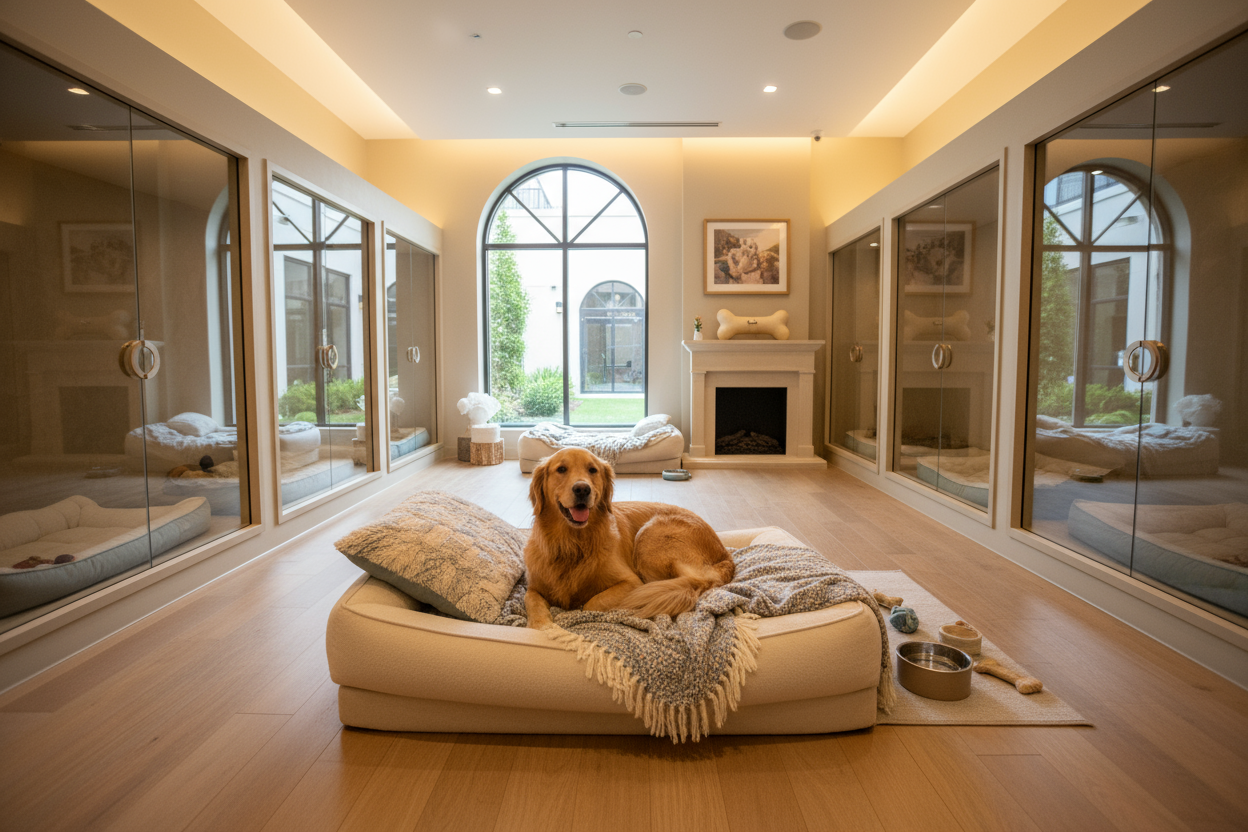 Happy dog resting on a cozy bed in a modern pet boarding facility, tidy and warm atmosphere